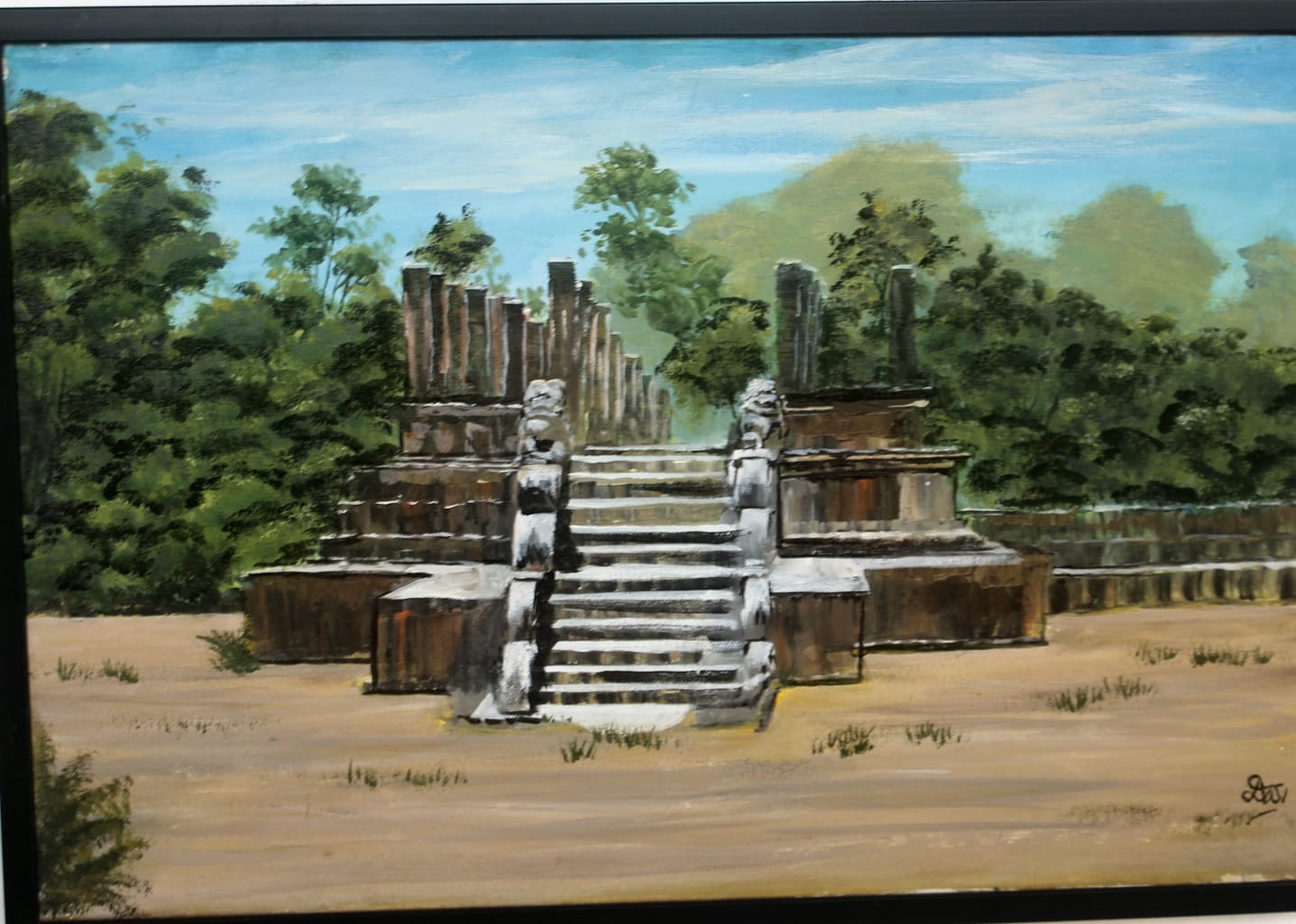 Painting of ancient stone ruins with a flight of steps flanked by guardian figures and stone pillars among trees