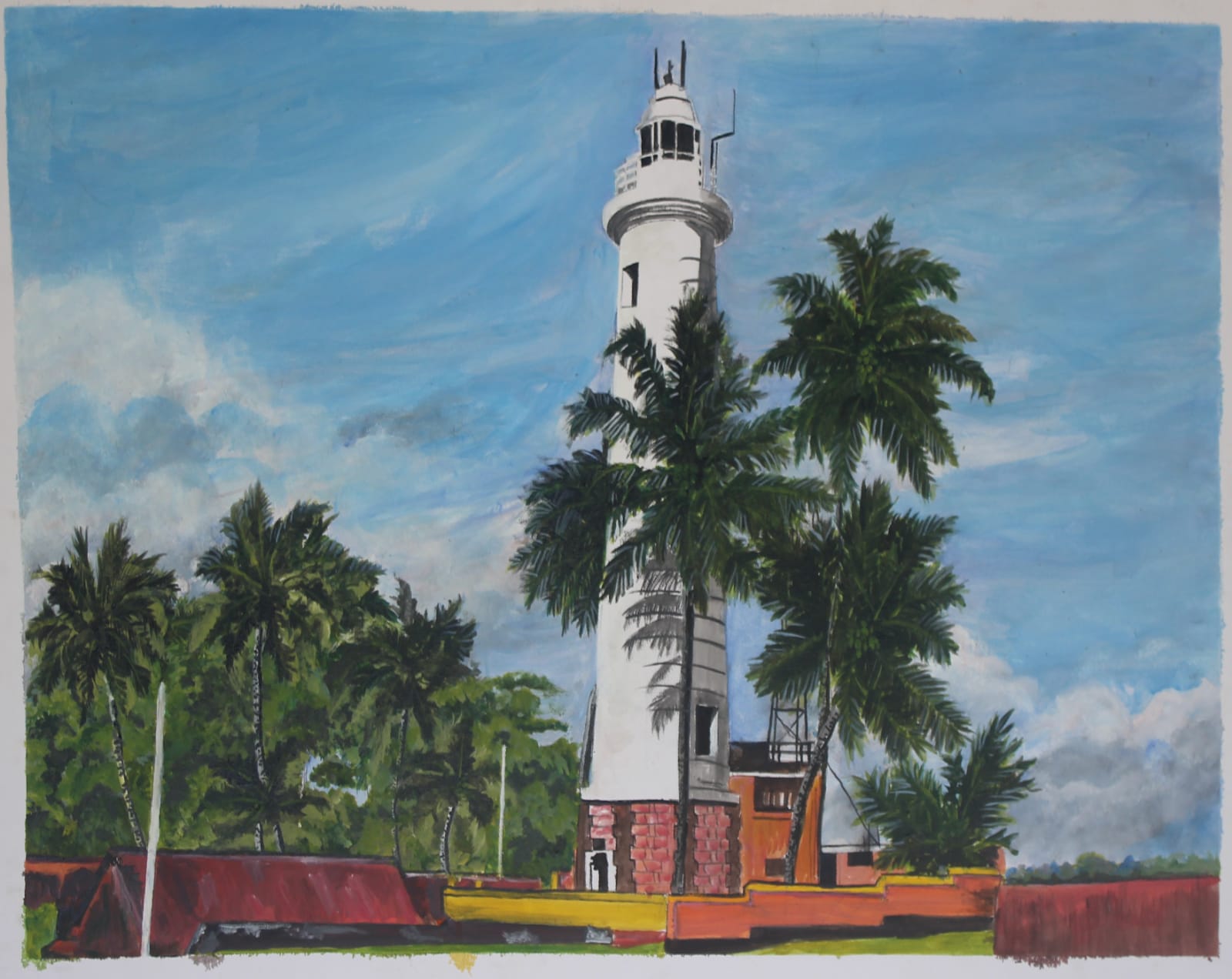 Painting of a tall white lighthouse rising among coconut palms beneath a blue sky, with terracotta fort walls below