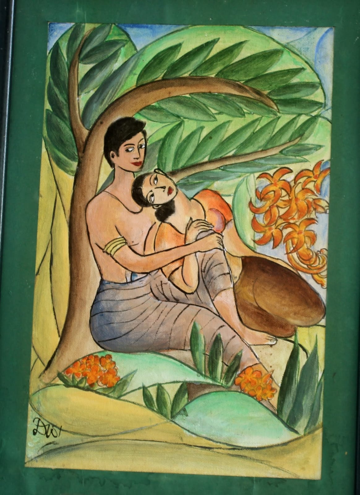 Figurative painting of a couple embracing beneath a curving tree with orange flowers, shown in a green mount