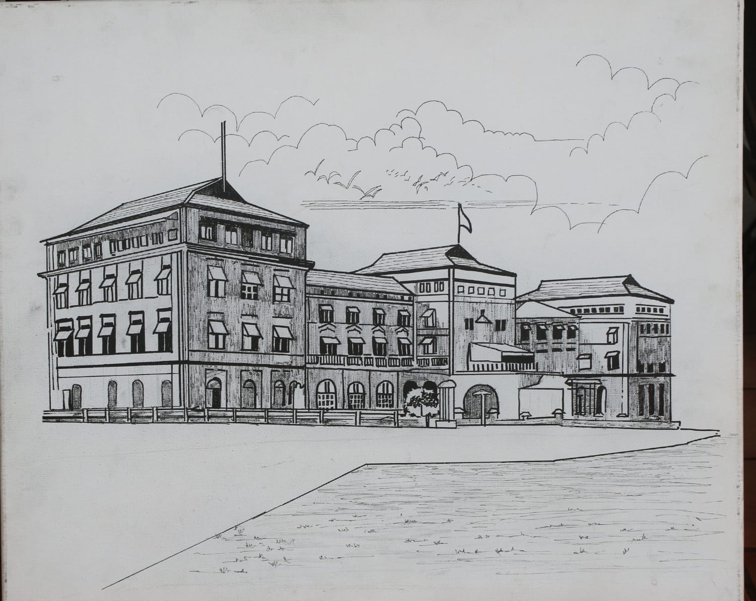 Black and white ink drawing of large colonial-era buildings with awnings and arched windows, clouds and birds above