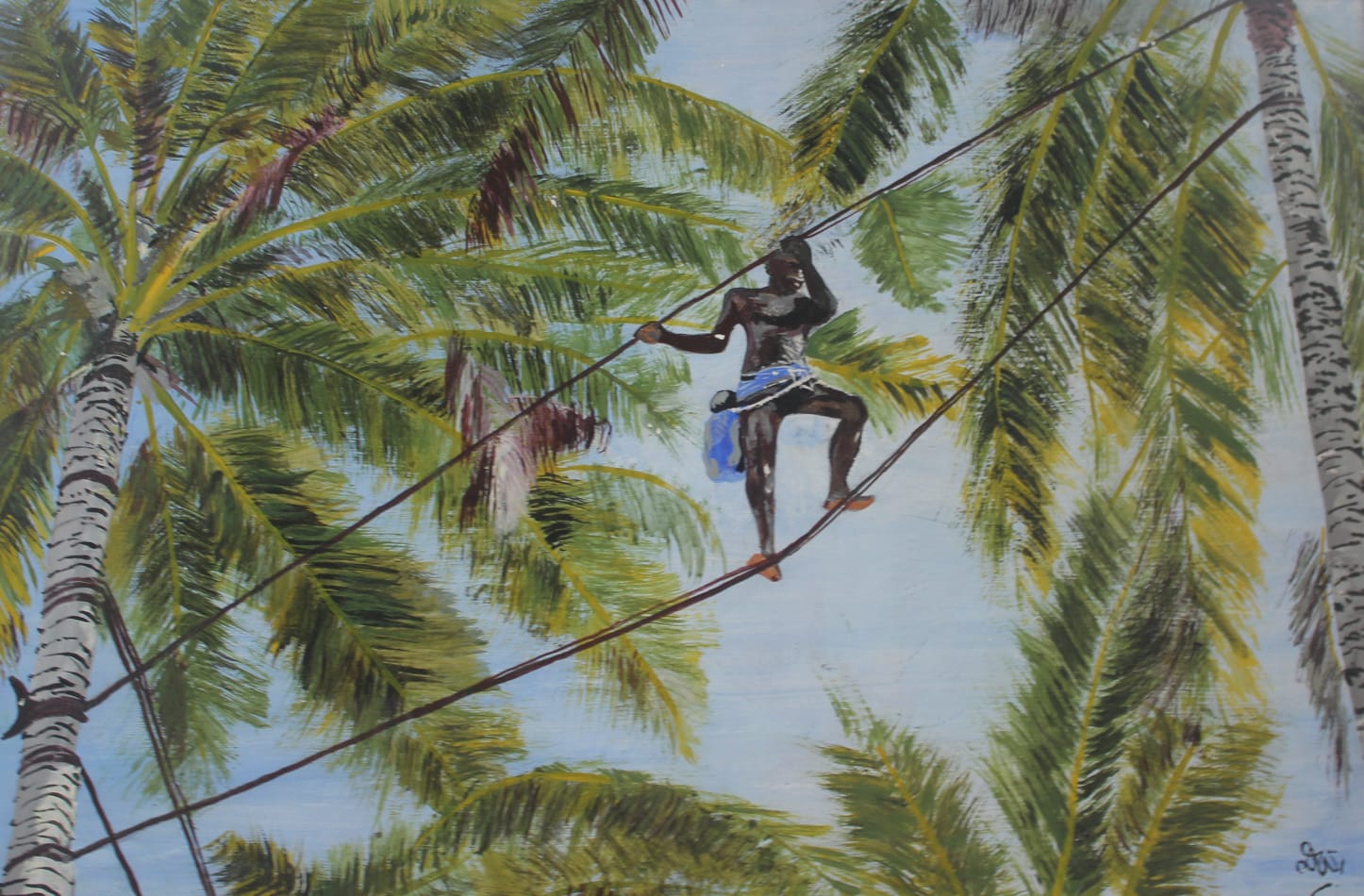 Painting of a man walking a rope between coconut palms high above, seen from below against a pale blue sky