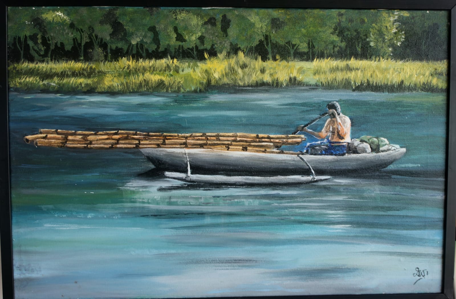 Painting of a man paddling an outrigger canoe loaded with bamboo across a turquoise river, with grassland and trees behind