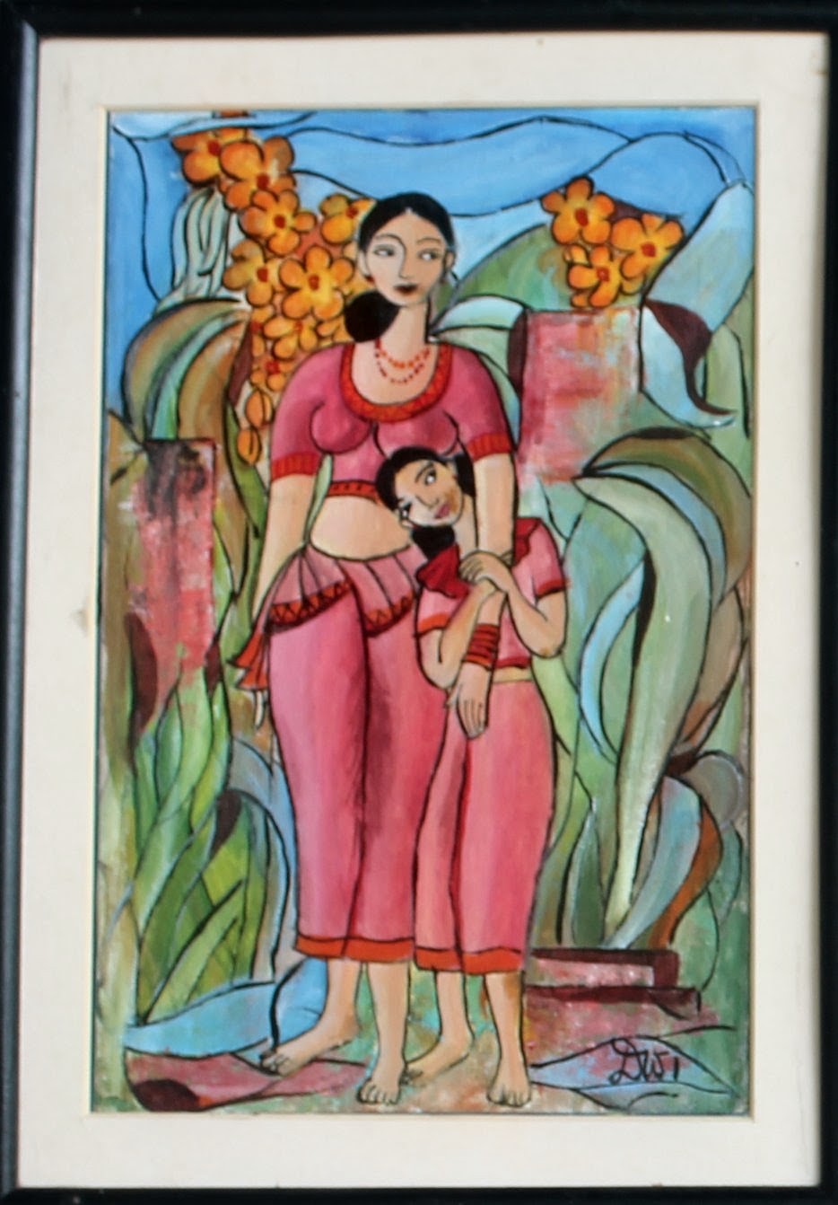 Figurative painting of a woman and girl in pink traditional dress standing among stylised leaves and orange flowers, in a white mount