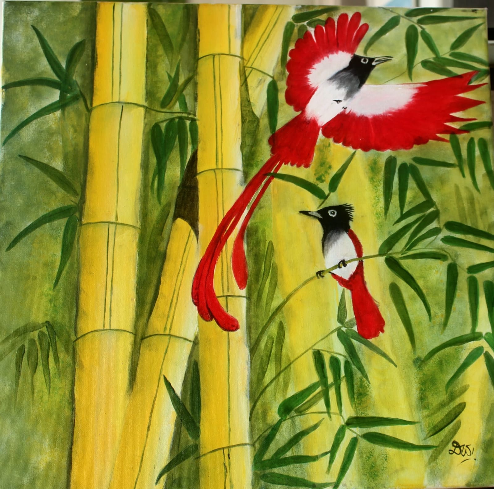 Painting of two red and white long-tailed birds among yellow bamboo stalks and green leaves