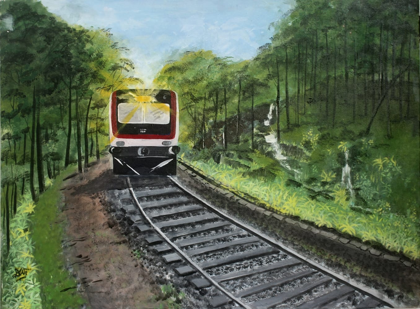 Painting of a red and white train with a bright headlight approaching along railway tracks through dense green forest