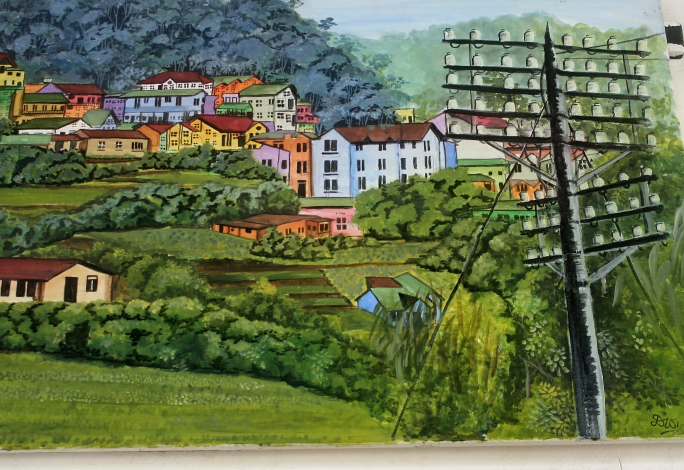 Painting of colourful houses on a green hillside with terraced fields and an old telegraph pole in the foreground