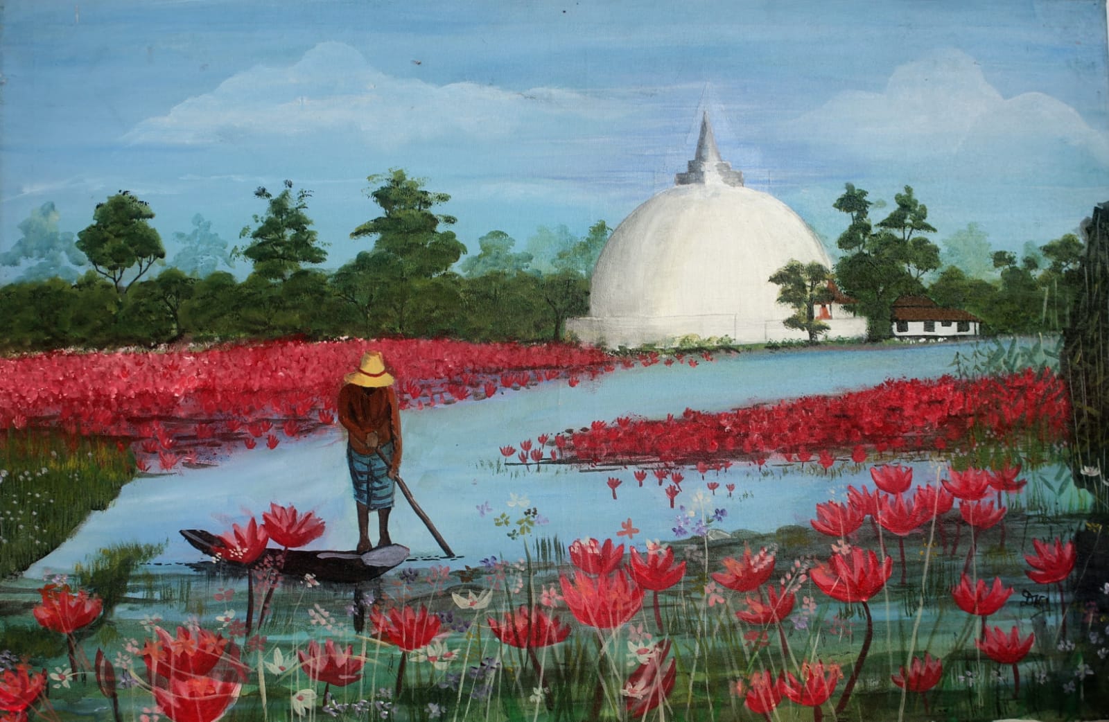 Painting of a man poling a small boat through a lake of red water lilies, with a white stupa beyond the trees