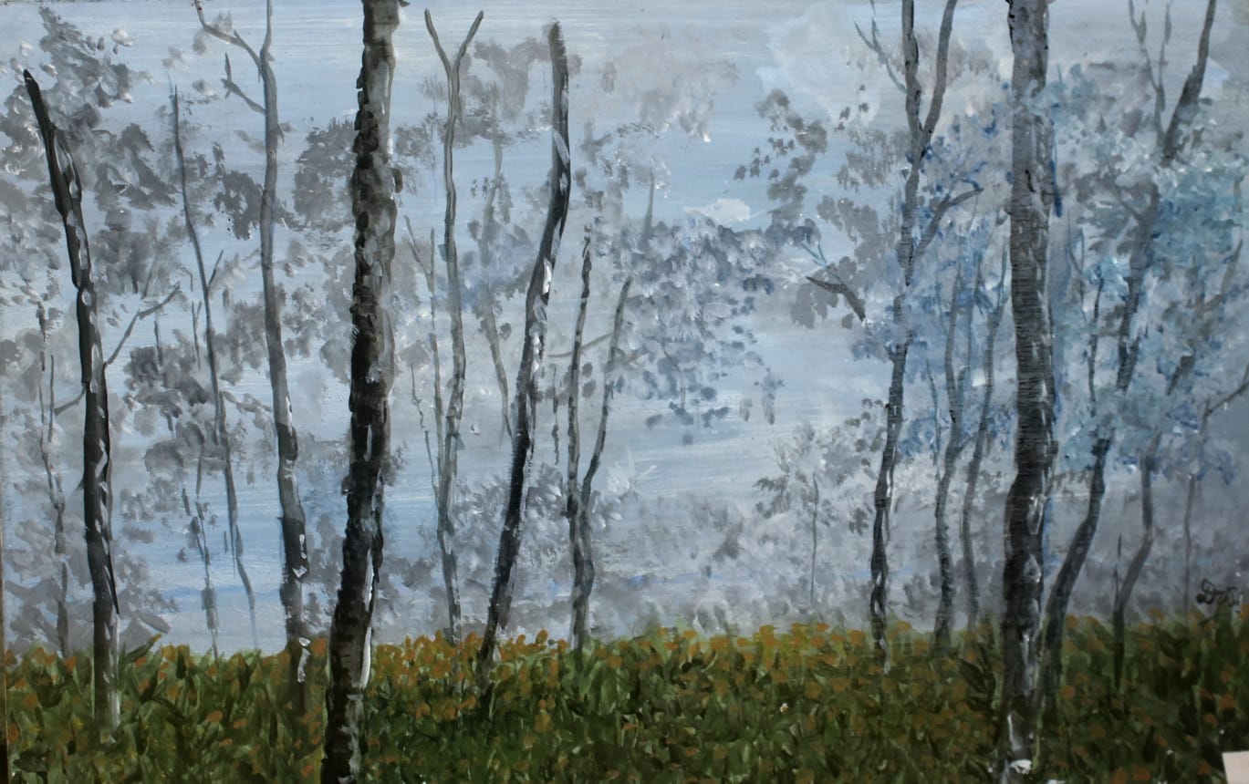 Painting of slender dark tree trunks in a pale blue-grey mist above a band of green and ochre undergrowth