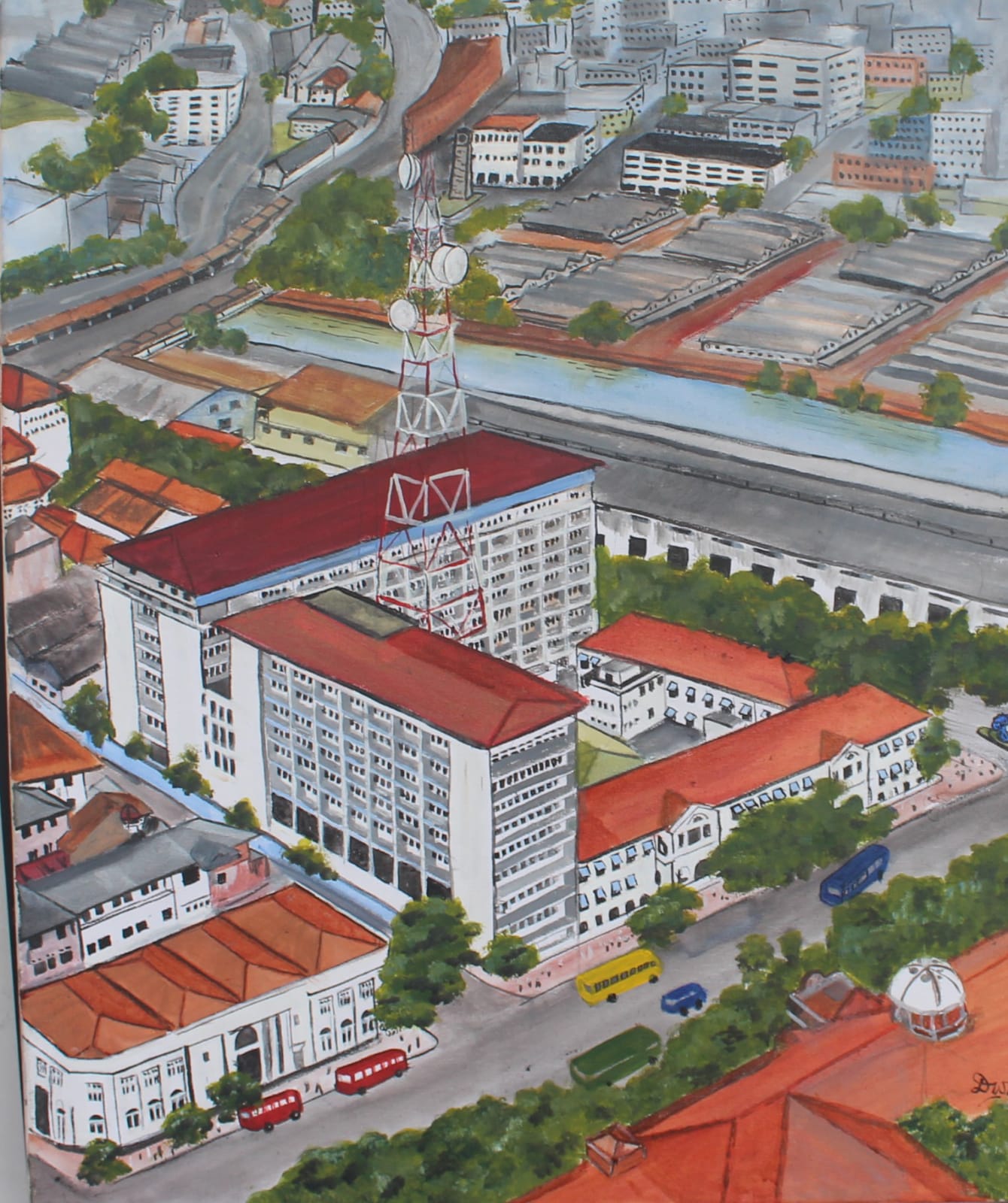 Painting of an aerial cityscape with white buildings, red roofs, a telecommunications tower, buses and a canal
