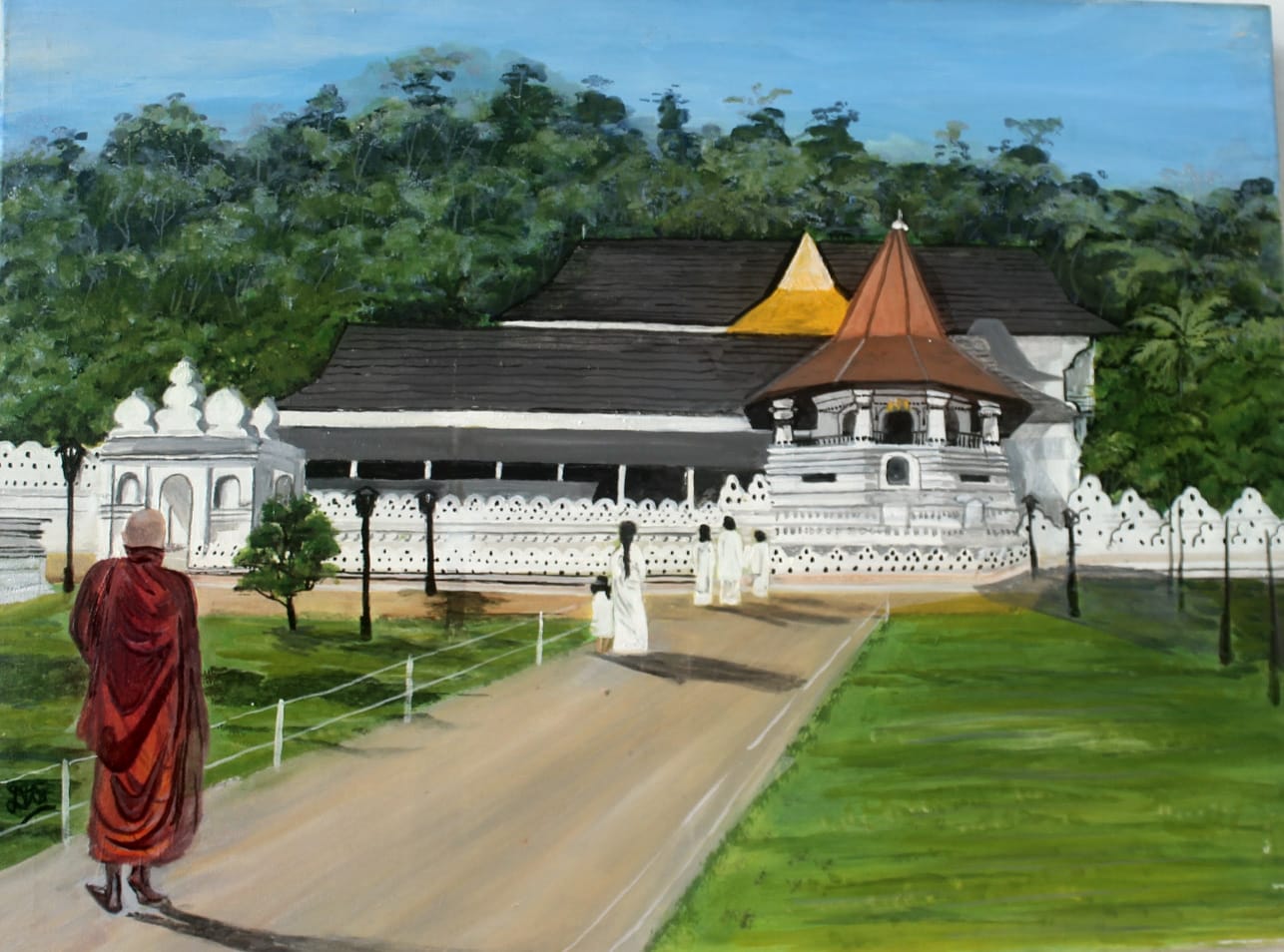 Painting of the Temple of the Tooth in Kandy with white walls, an octagonal pavilion, a monk in maroon robes and devotees in white